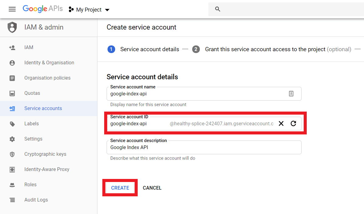 Get Service Account ID - Get Fast Index in Google
