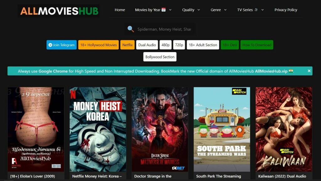 HDMoviesHub movie downloading webiste's homepage with latest Hindi English movies