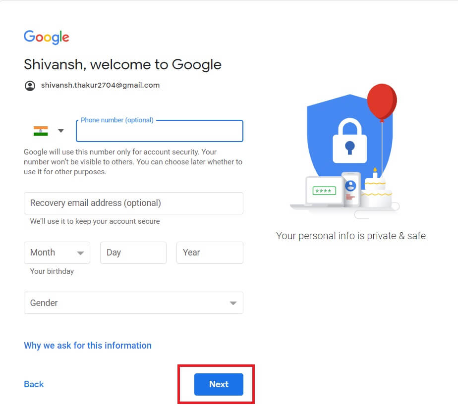 Enter phone number and date of birth to create gmail account