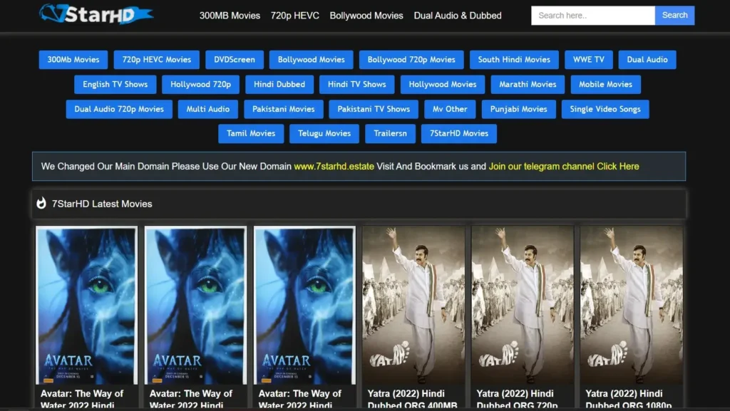7starhd movie download website's homepage