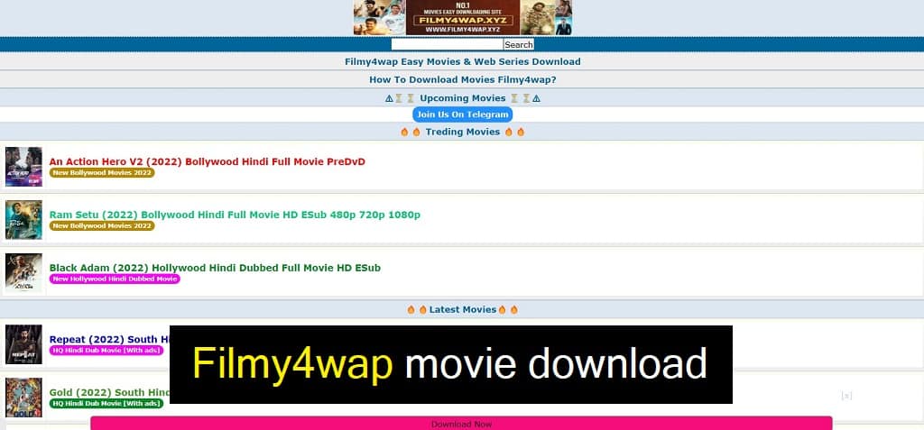 Filmy4wap movie download website's homepage