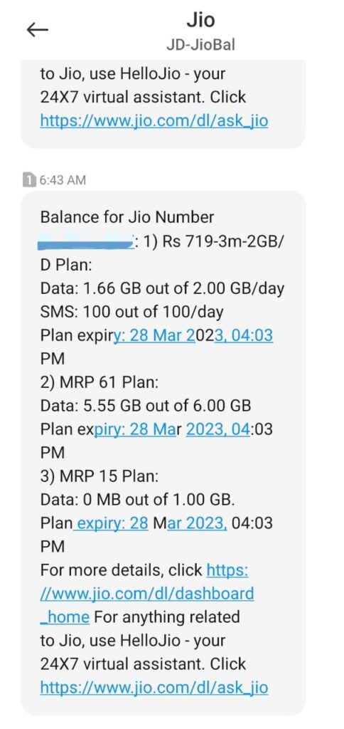 Check Jio Data Balance using SMS